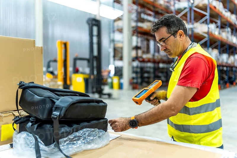 Man taking inventory using scanner to read barcode of products in a warehouse