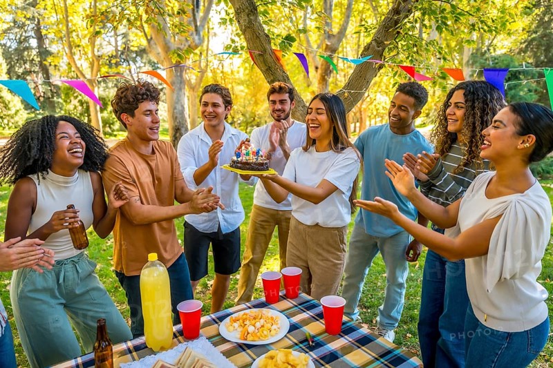 Happy young caucasian woman carrying a birthday cake while celebrating birthday in a park with multi-ethnic friends