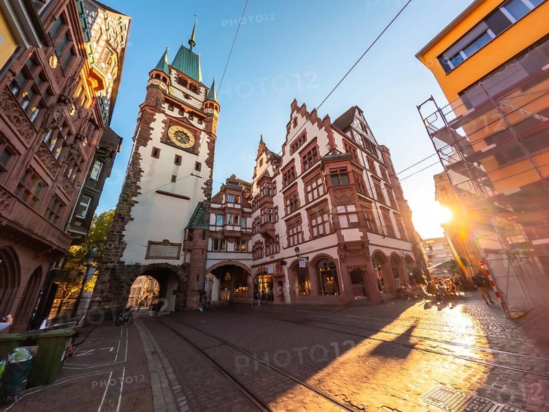 Beautiful summer sunset at the Martinstor tower in Freiburg im Breisgau, Germany, Europe