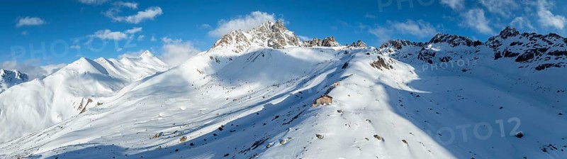 Alpine panorama, aerial view, Alpine Club hut of the SAC in winter, Chamanna d'Es-cha, Pitz Blaisun, Albula Alps, Grisons, Switzerland, Europe