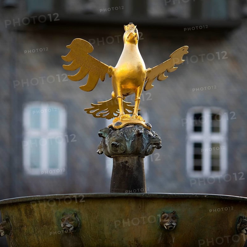 Gilded imperial eagle as a fountain eagle on the market fountain, Old Town, Goslar, UNESCO World Heritage Site, Lower Saxony, Germany, Europe