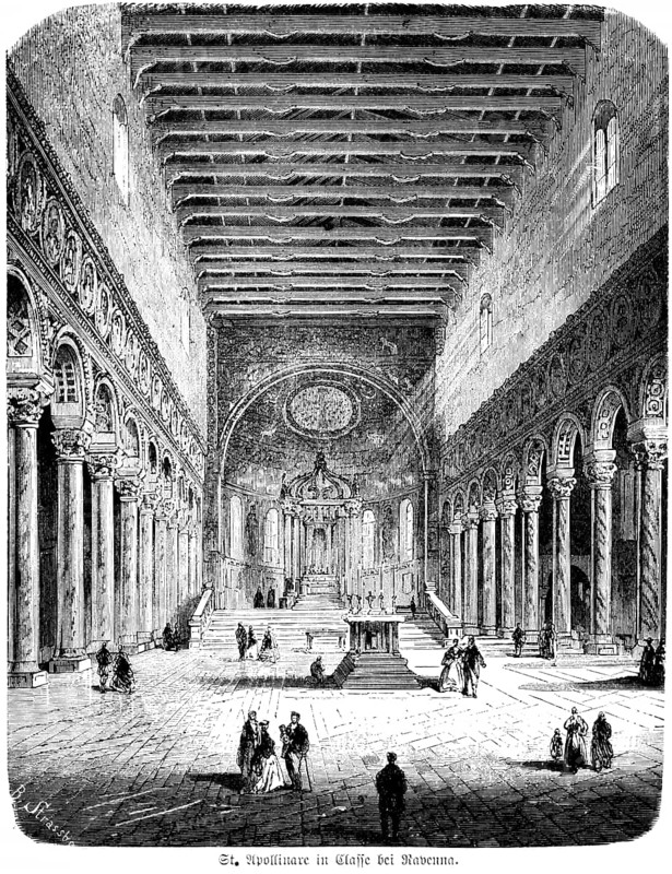 Basilica di Sant'Apollinare in Classe, Ravenna, early Christian church, altar, portico, visitors, Italy, historical illustration 1880, Europe