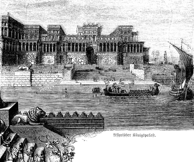 Assyrian royal palace, magnificent architecture, river, ships, rowers, sails, steps, columned building, historical illustration 1880