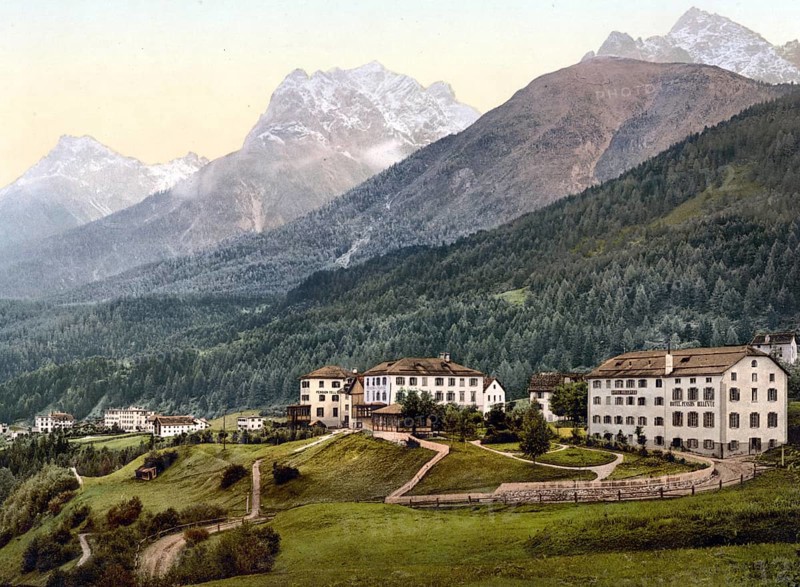 Lower Engadine, Vulpera with mountains, Graubuenden, Switzerland, Historical, digitally restored reproduction from a 19th century original, Record date not stated, Europe