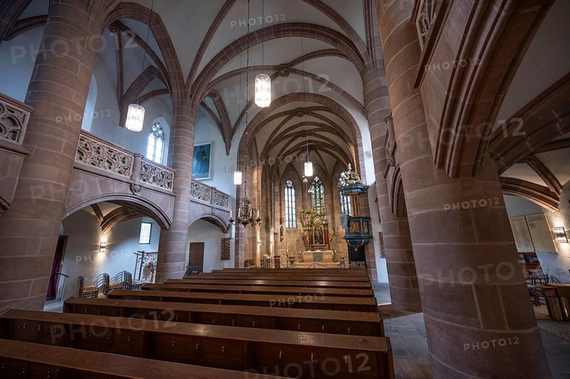 Interior with altar of the Church of St Nicholas and St Ulrich, nave built around 1400, Kirchenberg 15, Nuremberg-Mögeldorf, Middle Franconia, Bavaria, Germany, Europe