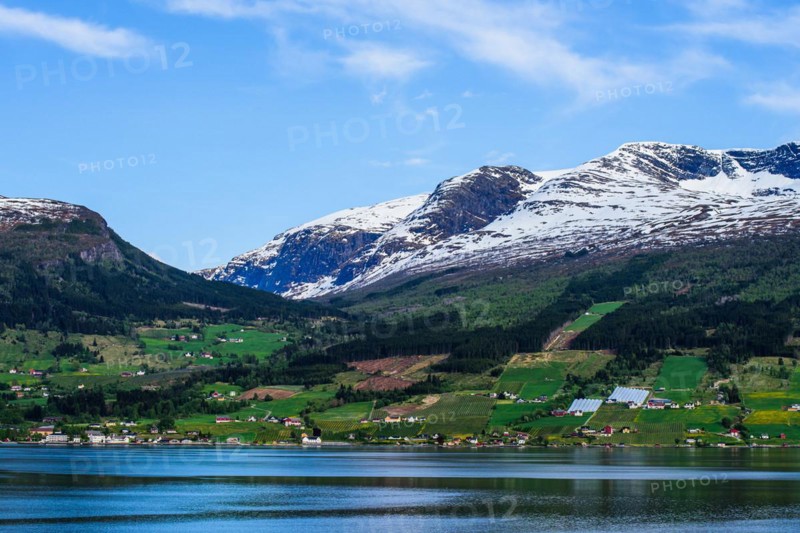 Mountains and Fjord over Norwegian Village, Olden, Innvikfjorden, Norway, Europe