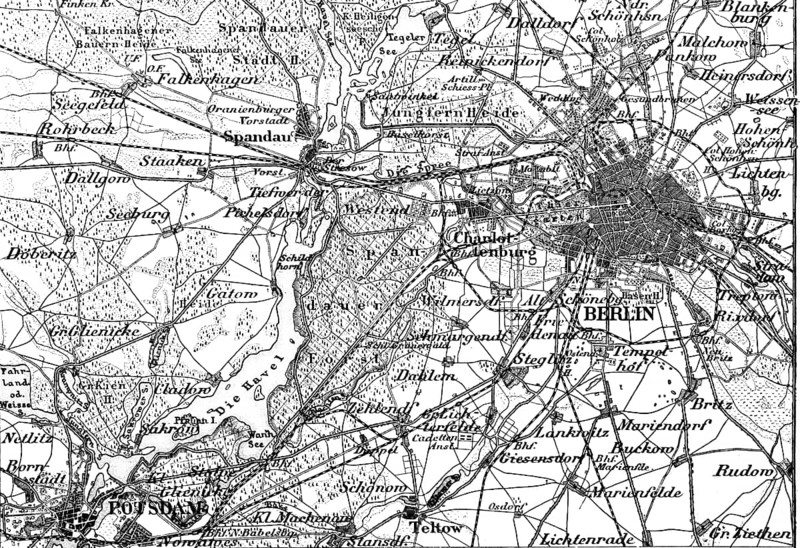 Topographic map of the capital Berlin and surroundings, Potsdam, Havel, Spandauer Forst, Jungfern Heide, Spandau, Tiergarten, Tempelhof, Charlottenburg, roads and railway lines, travel, Germany, historical illustration 1885, Europe