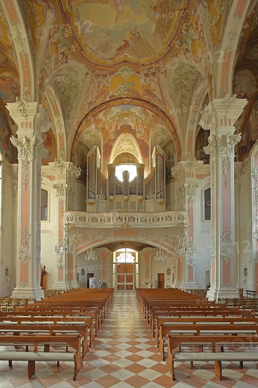 Interior view of the organ with magnificent decorations, ceiling fresco by Giuseppe Appiani, baroque, arts and crafts, painting, gallery, church, St Peter's, Old Town, Mainz, Rhine-Hesse region, Rhineland-Palatinate, Germany, Europe