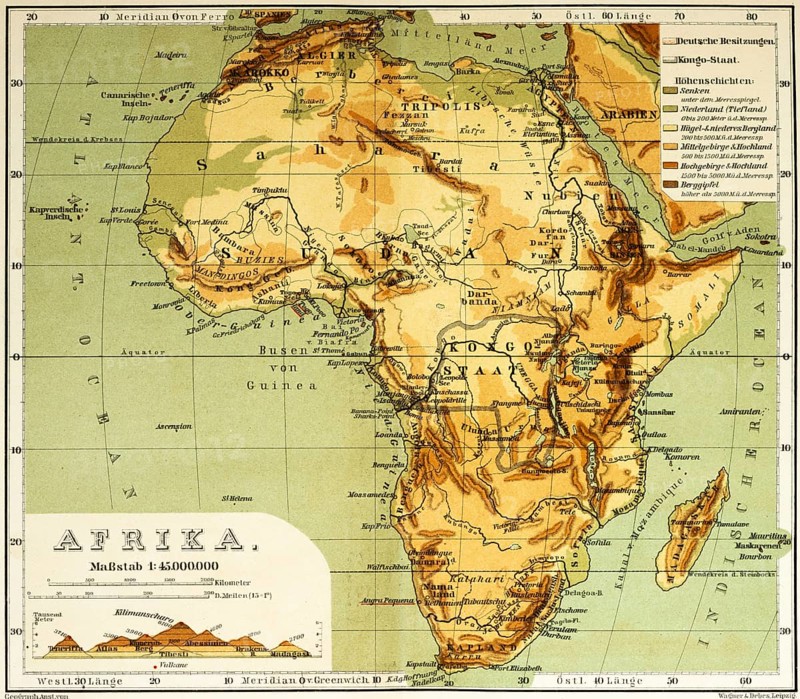 Topographical map of Africa in the 19th century with longitude and latitude, elevation profile east west through the continent, mountains, deserts, rivers, Nubia, Sudan, Congo, Cape Verde Islands, travelling, historical illustration 1886, Africa