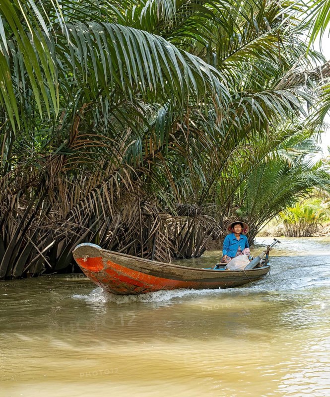 Vietnamese Woman ina rowing boat, Mekong Delta, Vietnam, Asia