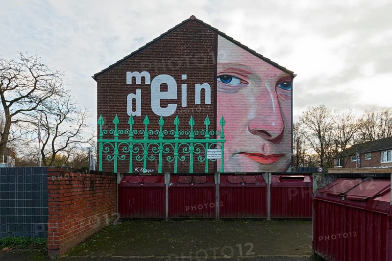 Mural Mein-Dein, Gesicht blickt über den Zaun, mural on the subject of neighbour disputes by street artist Klaus Klinger, Düsseldorf, North Rhine-Westphalia, Germany, Europe