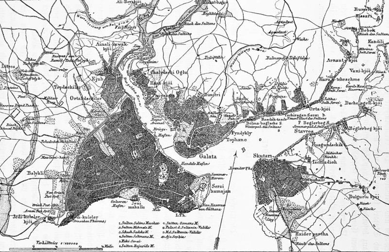 Topographic map with scale of Istanbul or Constantinople on the Sea of Marmara with surroundings, Bosporus with European and Asian part of the city, Golden Horn, geography, Turkey, historical illustration 1888, Asia