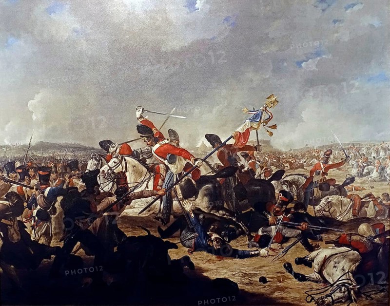 Charles Ewart of the Royal North British Dragoons capturing regimental eagle of the 45th Regiment of the Line flag at the Battle of Waterloo in 1815