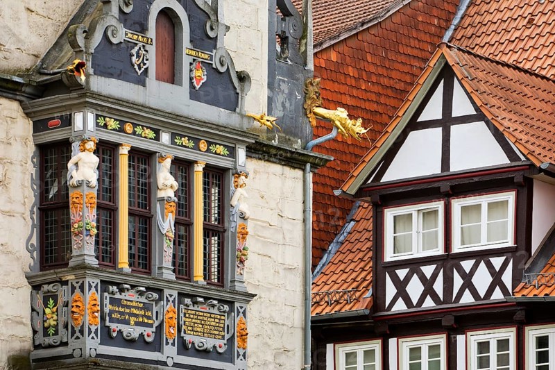 Detail of Münden Town Hall and half-timbered house, Weser Renaissance and German Half-half-timbered house House Route, Hannoversch Münden, Lower Saxony, Germany, Europe
