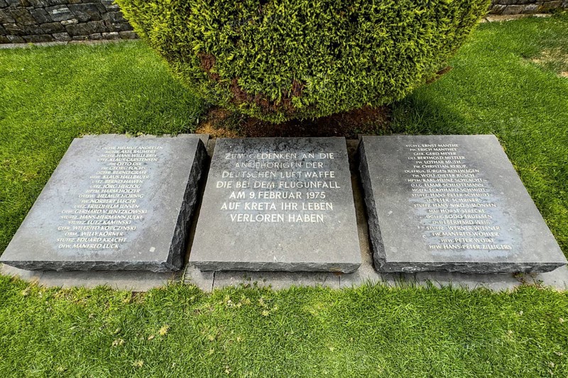Three memorial plaques at the Maleme military cemetery with the names of the crew of a plane that crashed on Crete in 1975 and the German soldiers who died in the crash, Maleme, Crete, Greece, Europe