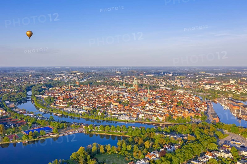 Aerial view over the river Trave and church towers in the old town of the Hanseatic City of Lübeck in spring, Schleswig-Holstein, Germany, Europe