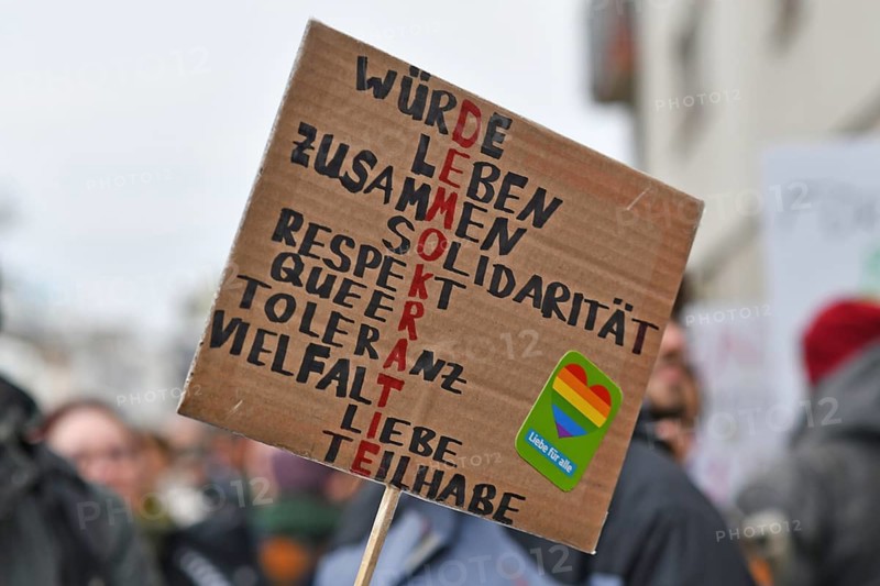 Heidelberg, Germany - February 12th 2025: Pro-democracy sign at protest against far-right extremism