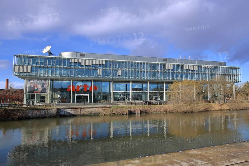 Modern building of the broadcasting station Arte of ARD and ZDF at the river Ill, bank, satellite dish, parabolic antenna, antenna dish, TV station, broadcasting, Strasbourg, Bas-Rhin, Alsace, France, Europe