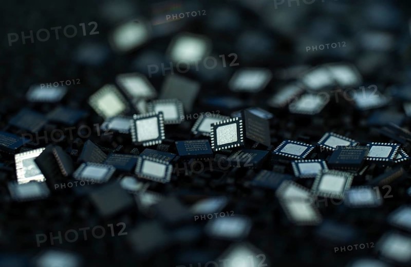 Computer chips are displays after manufacture in a stall, during The Advantage Assam 2.0 Investment Summit in Guwahati, India on 25 February 2025