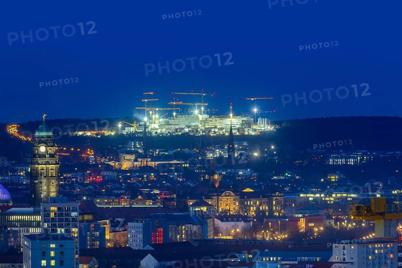City centre of Dresden at blue hour, on the horizon the illuminated construction site of Infineon, Dresden, Saxony, Germany, Europe
