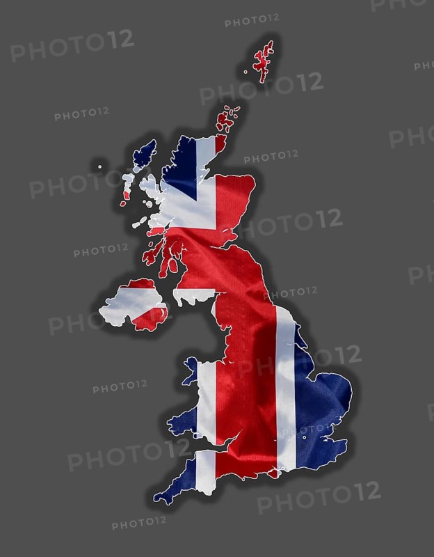 Outline map of Great Britain designed with the national flag