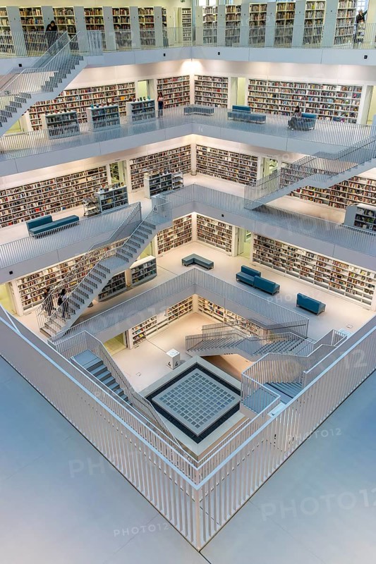 Cube-shaped interior of the city library on Mailänder Platz by architect Prof. Eun Young Yi, with bookshelves and stairs between the floors, Stuttgart, Baden-Württemberg, Germany, Europe