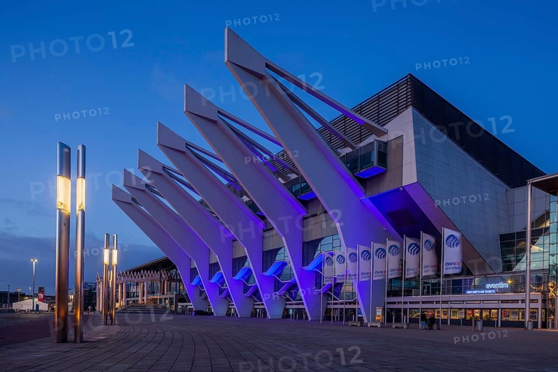 Event centre ÖVB-Arena or Stadthalle at dusk on the Bürgerweide, Bremen, Germany, Europe