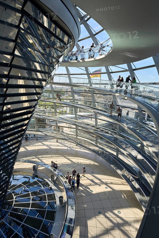 The dome of the Reichstag in Berlin. The architect Sir Norman Foster designed the steel and glass structure. Berlin, Berlin, Germany, Europe