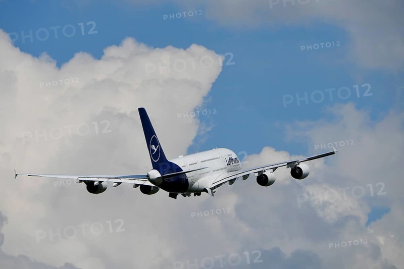 Lufthansa Airbus A380-800 taking off with blue sky and clouds, runway, Munich Airport, Upper Bavaria, Bavaria, Germany, Europe