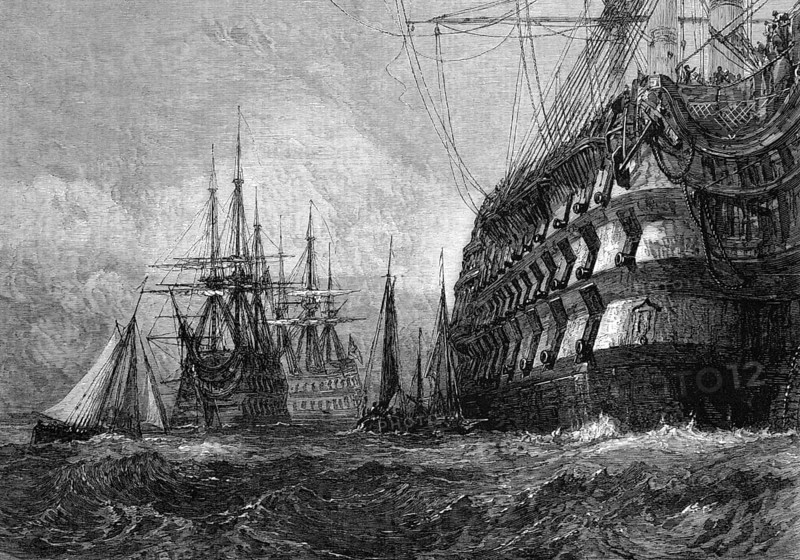 Big warship on engraving from 1865 after a drawing by J.M.W.Turner and published in the Illustrated London News
