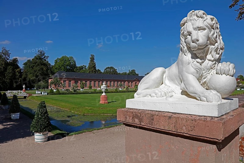 One of four lion statues by Peter Anton von Verschaffelt at the ends of the Querallee between the Mosque Garden and the Orangery Parterre, New Orangery, Palace Park, Palace Gardens, Schwetzingen, Baden-Württemberg, Germany, Europe