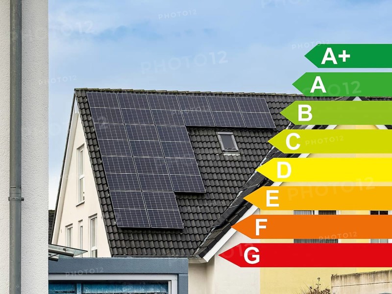 Solar panels on the roof of a house, energy efficiency classes according to the GEG, Hilden, Germany, Europe