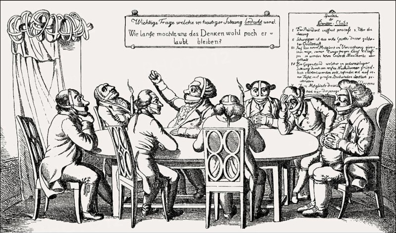 The Thinkers' Club, caricature on the Carlsbad Decrees on 20 September 1819
