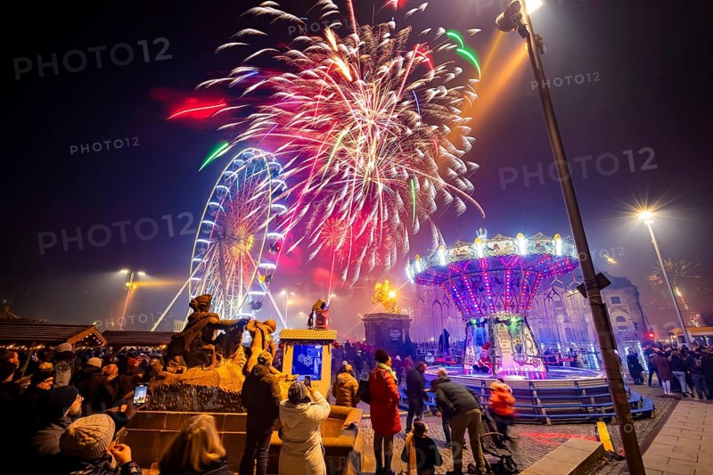 New Year's Eve at the Augustusmarkt in Dresden, on the Neustädter Markt at the Golden Horseman. Dresden, Saxony, Germany, Europe