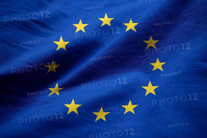 Closeup of Ruffled European Union Flag, European Union Flag Blowing in Wind