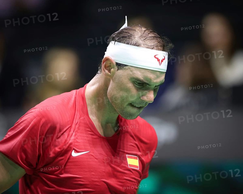 Der spanische Tennisspieler Rafael Nadal reagiert beim Davis-Cup-Finale 2024, Palacio de Deportes José María Martín Carpena, Malaga, Spanien