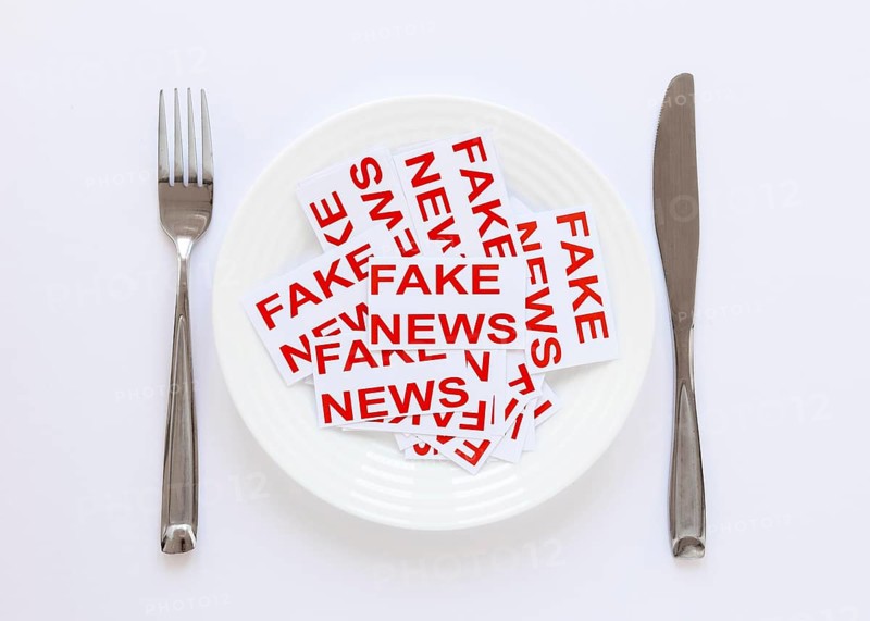 Plate with paper sheets with with fake news
