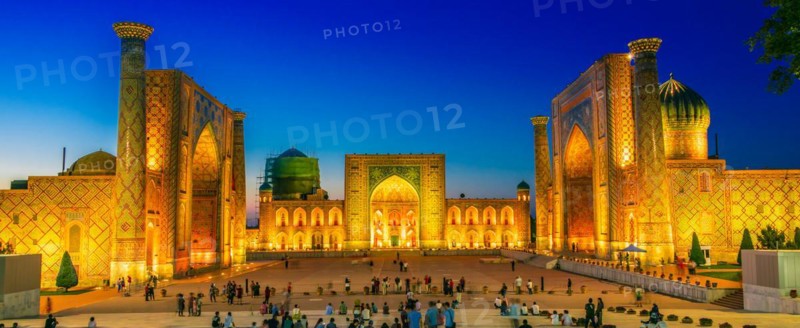 SAMARKAND, UZBEKISTAN - MAY 8, 2019: Registan, an old public square in the heart of the ancient city of Samarkand, Uzbekistan, Asia