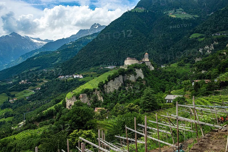 Tyrol Castle seen from Dorf Tyrol, medieval ancestral castle of the Counts of Tyrol and since 2003 home to the South Tyrolean Provincial Museum of Cultural and Regional History near Meran, Burggrafenamt, South Tyrol, Italy, Europe