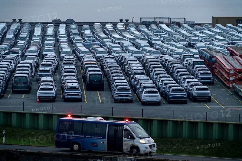 Parking space for import vehicles, hundreds of Hyundai Ioniq, electric cars, waiting for onward transport, at the EUROGATE container terminal in the overseas harbour of Bremerhaven, Lower Saxony, Germany, Europe
