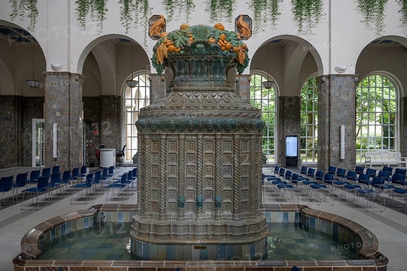 Decorative, Art Nouveau ceramic fountain made of majolica tiles, in the fountain house, Heilbad Kissingen, inaugurated in 1842, replaced by a new building in 1911, Bad Kissingen, Lower Franconia, Bavaria, Germany, Europe