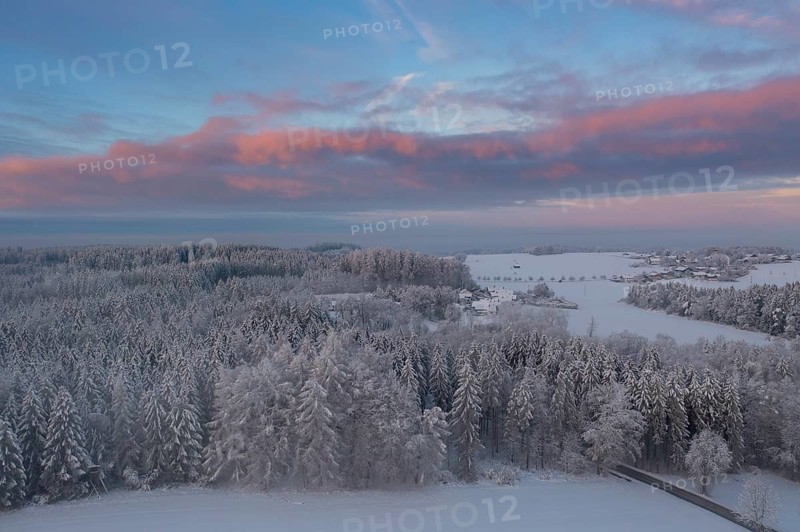 Winter forest near Eurasburg, winter at sunrise, drone shot, Upper Bavaria, Bavaria, Germany, Europe