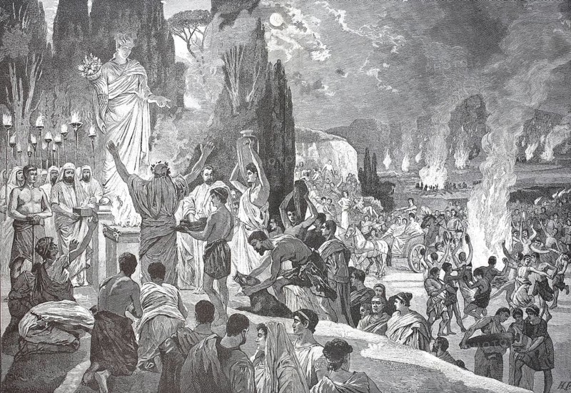 Ceres festival, a religious celebration of the Roman festival calendar in honour of Ceres, the goddess of growth and agriculture, on 19 April, from the 3rd century BC, Rome, Italy, reproduction of an original, around 1900, historical, Ancient ceremonial scene with people holding a festive celebration around fire and statues, Europe