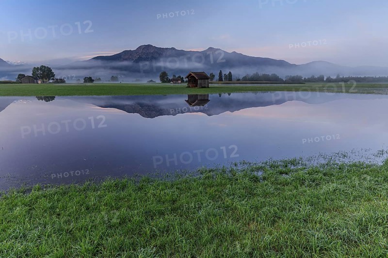Mountains reflected in pond, morning mood, flooding, high water, Loisach-Lake Kochel-Moor, Bavaria, Germany, Europe