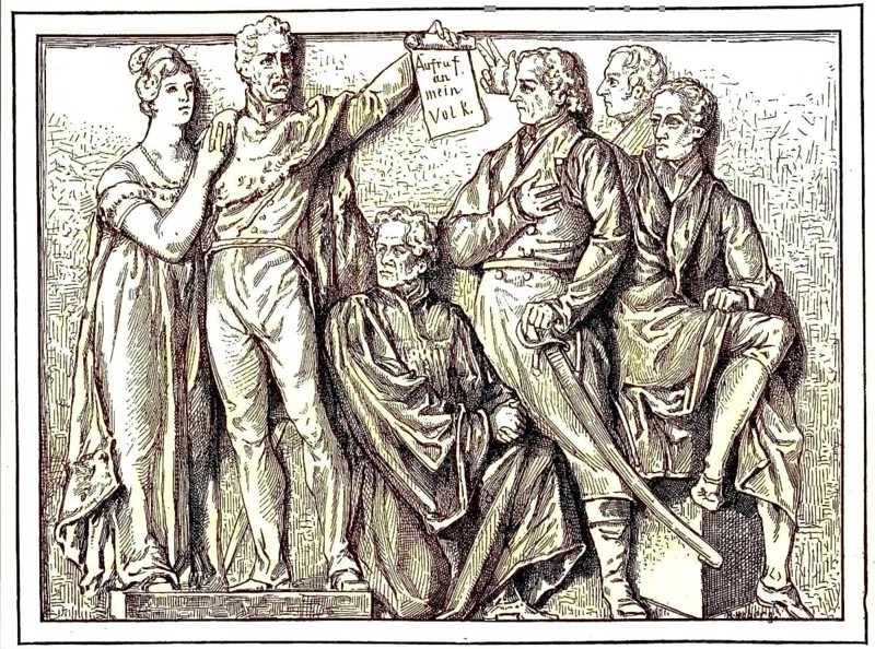 From the left, Queen Louise, Friedrich Wilhelm III, Friedrich Daniel Ernst Schleiermacher, Johann Gottlieb Fichte, Georg Wilhelm Friedrich Hegel, Johann Carl Friedrich Gauss, are the figures from the relief frieze by Geyer in the National Gallery in Berlin, digital reproduction of an original 19th century model, original date unknown