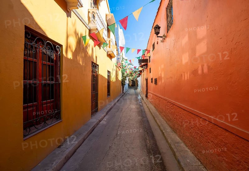 Colombia, Scenic colorful streets of Cartagena in historic Getsemani district near Walled City, Ciudad Amurallada, a UNESCO world heritage site, South America