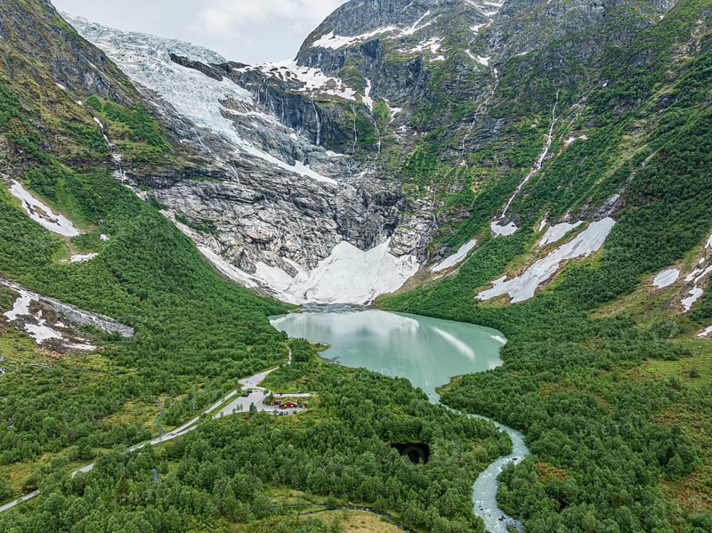 Glacier boyabreen, a glacier tongue of the Jostedalsbreen, glacial lake, north of village Fjaerland, aerial view, Norway, Europe