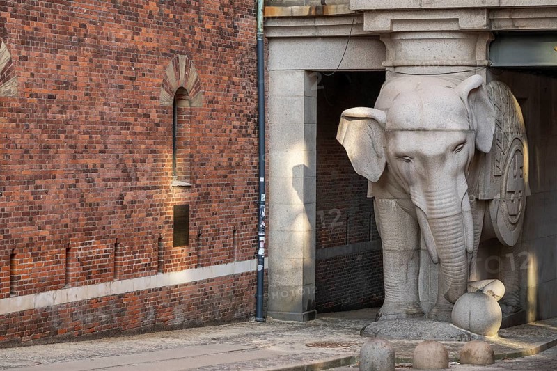 Monumental stone elephant, elephant gate or elephant portal or Elefantporten, by architect Vilhelm Dahlerup, Carlsberg district, Copenhagen, Denmark, Europe