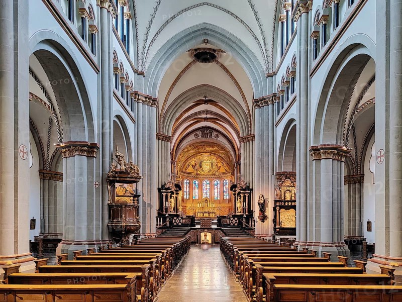 Interior view of Bonn Minster, nave with view of the eastern apse, Bonn, North Rhine-Westphalia, Germany, Europe