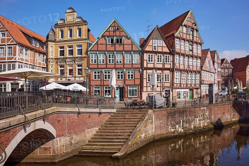 Old Hanseatic harbour, an inland port on the Schwinge river with historic half-timbered houses and a staircase in the old town of Stade, Hanseatic city, district of Stade, Lower Saxony, Germany, Europe